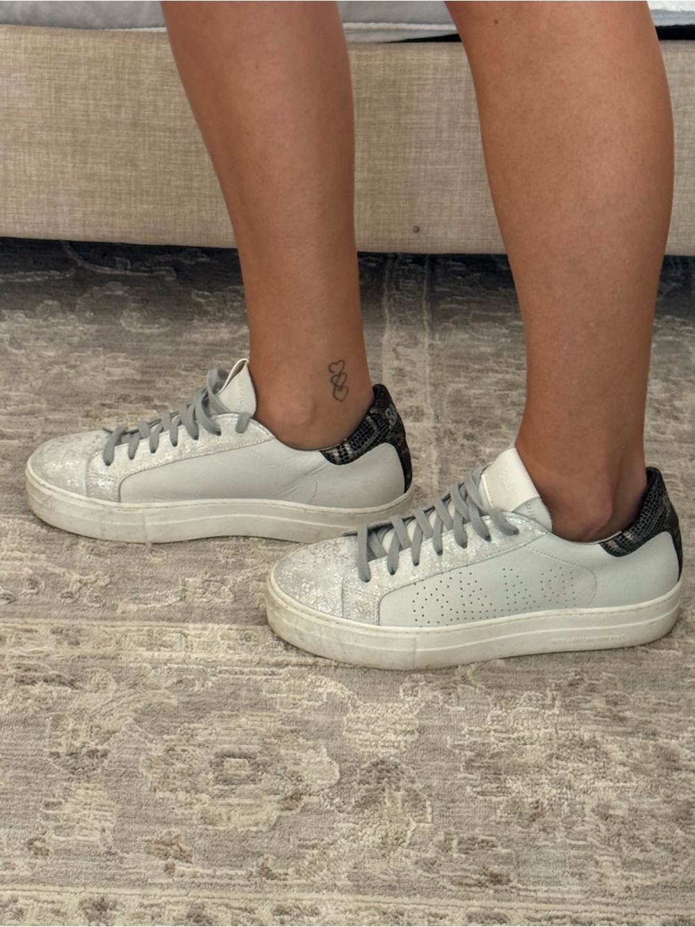 P448 White Sneakers with Gray Laces and Black Snakeskin Heel Tab